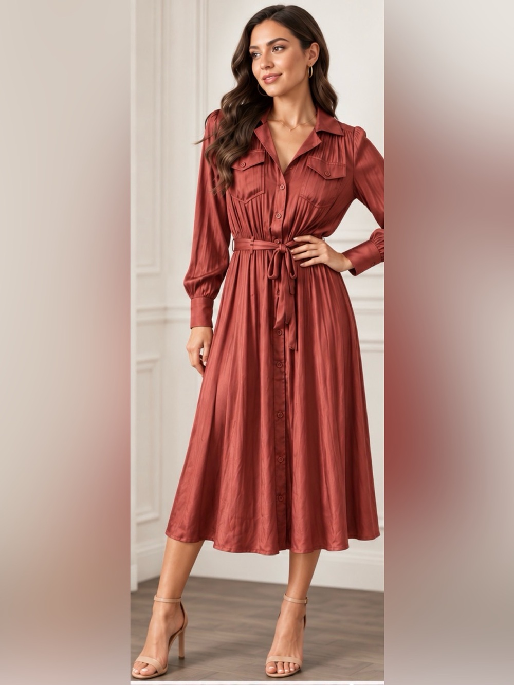 Nine West just mauve Satin Pleated Belted Shirt Dress – Size XS
